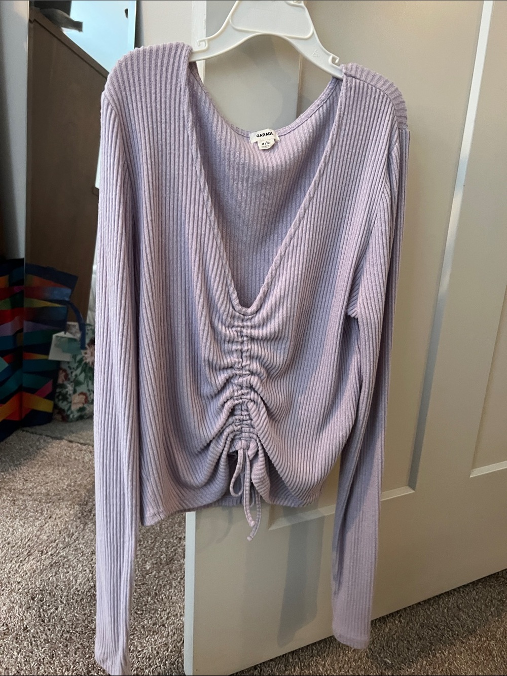 Grana Pastel Lavender Ribbed Drawstring Long-Sleeve Top